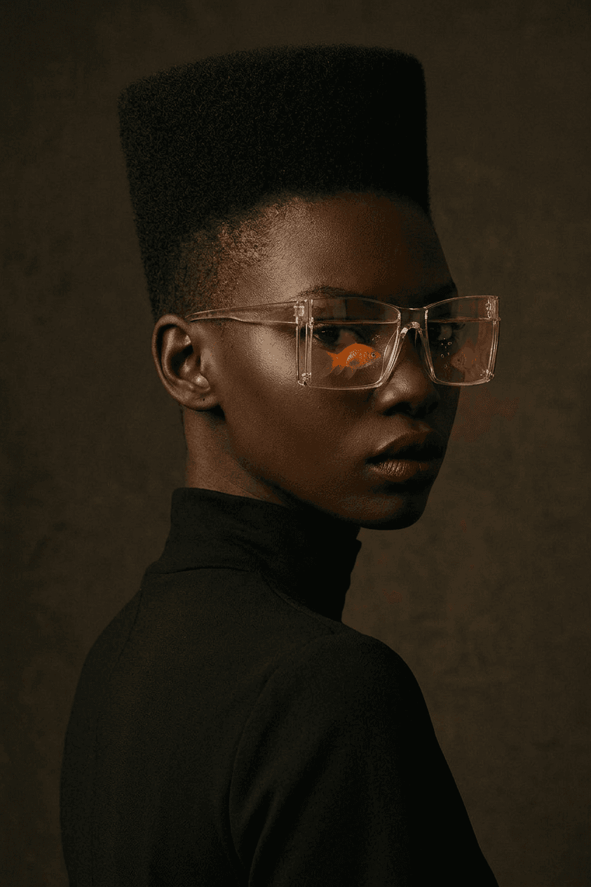 Model with geometric hairstyle and clear glasses reflecting goldfish.