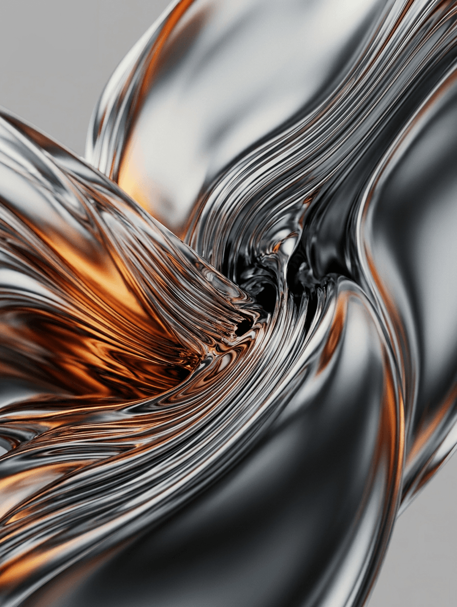 Abstract metallic liquid with silver, black, and orange tones.