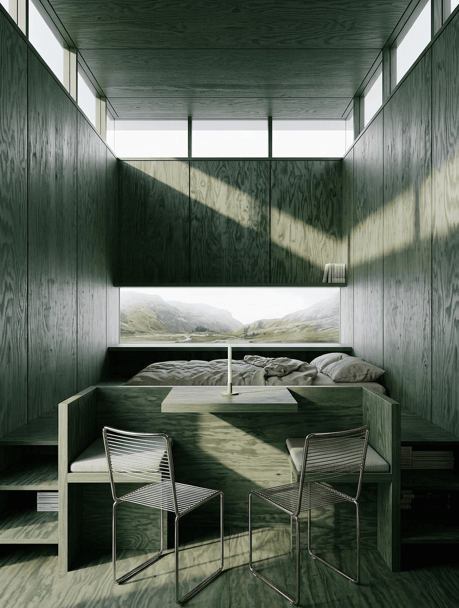 A minimalist bedroom featuring green wood paneling and natural light.