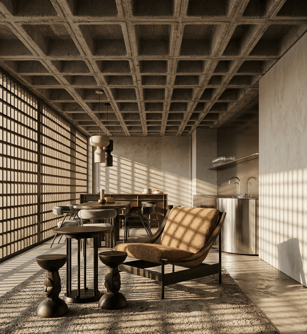 A modern interior with a brown armchair and sculptural tables, showcasing earthy tones and textured surfaces.