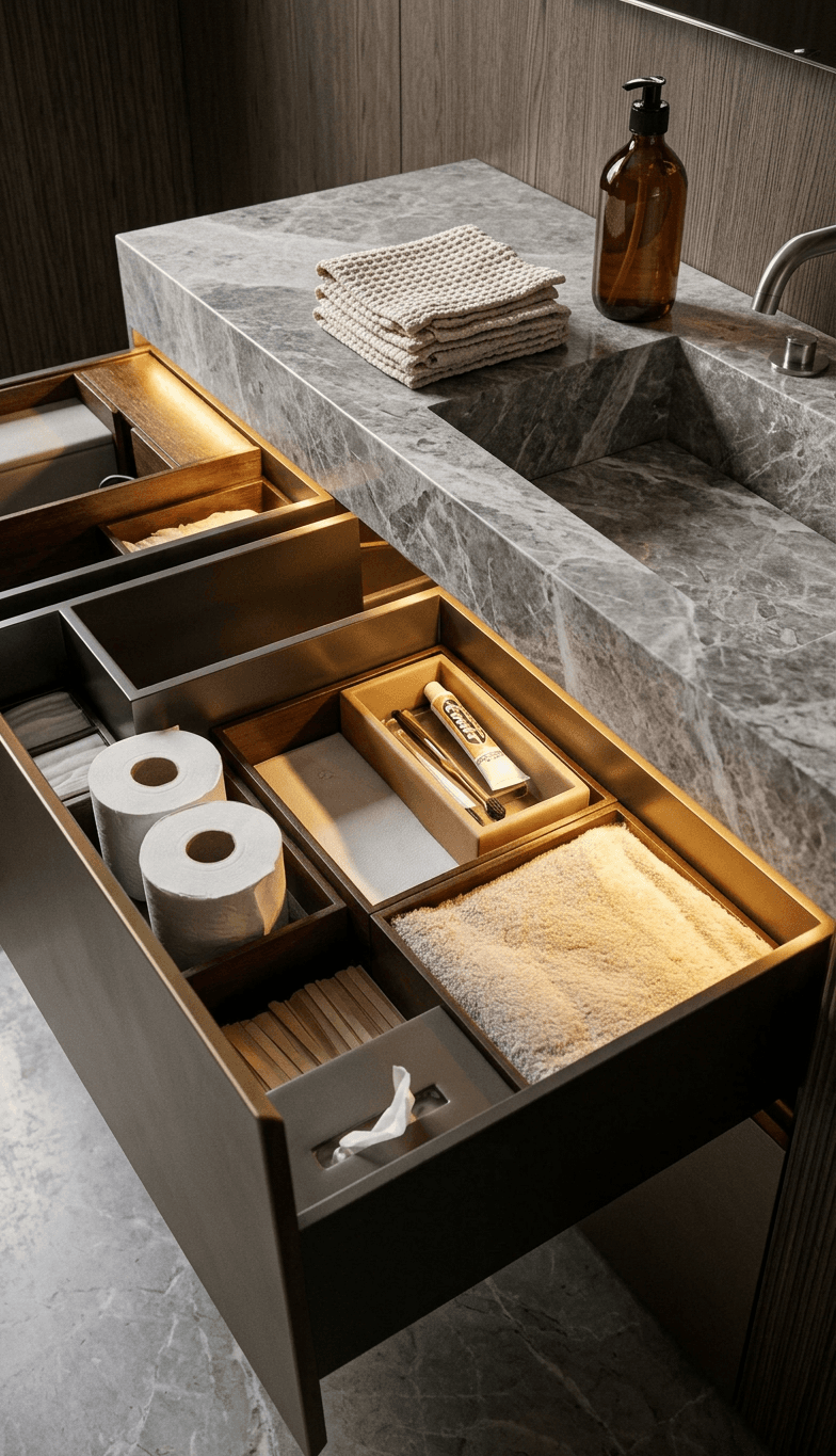 A minimalist bathroom drawer filled with rolled towels and toiletries under soft lighting.