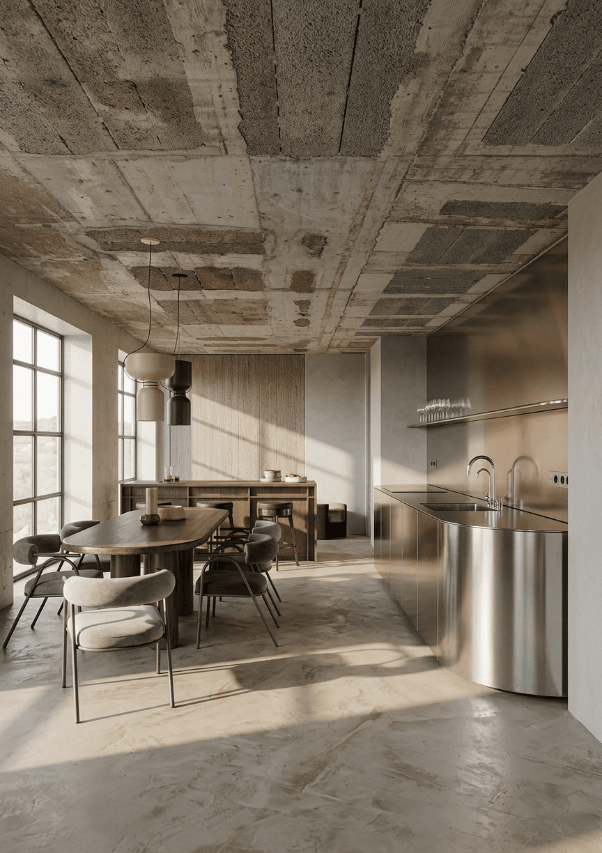 A modern kitchen and dining area with stainless steel surfaces and green accents, illuminated by natural light.