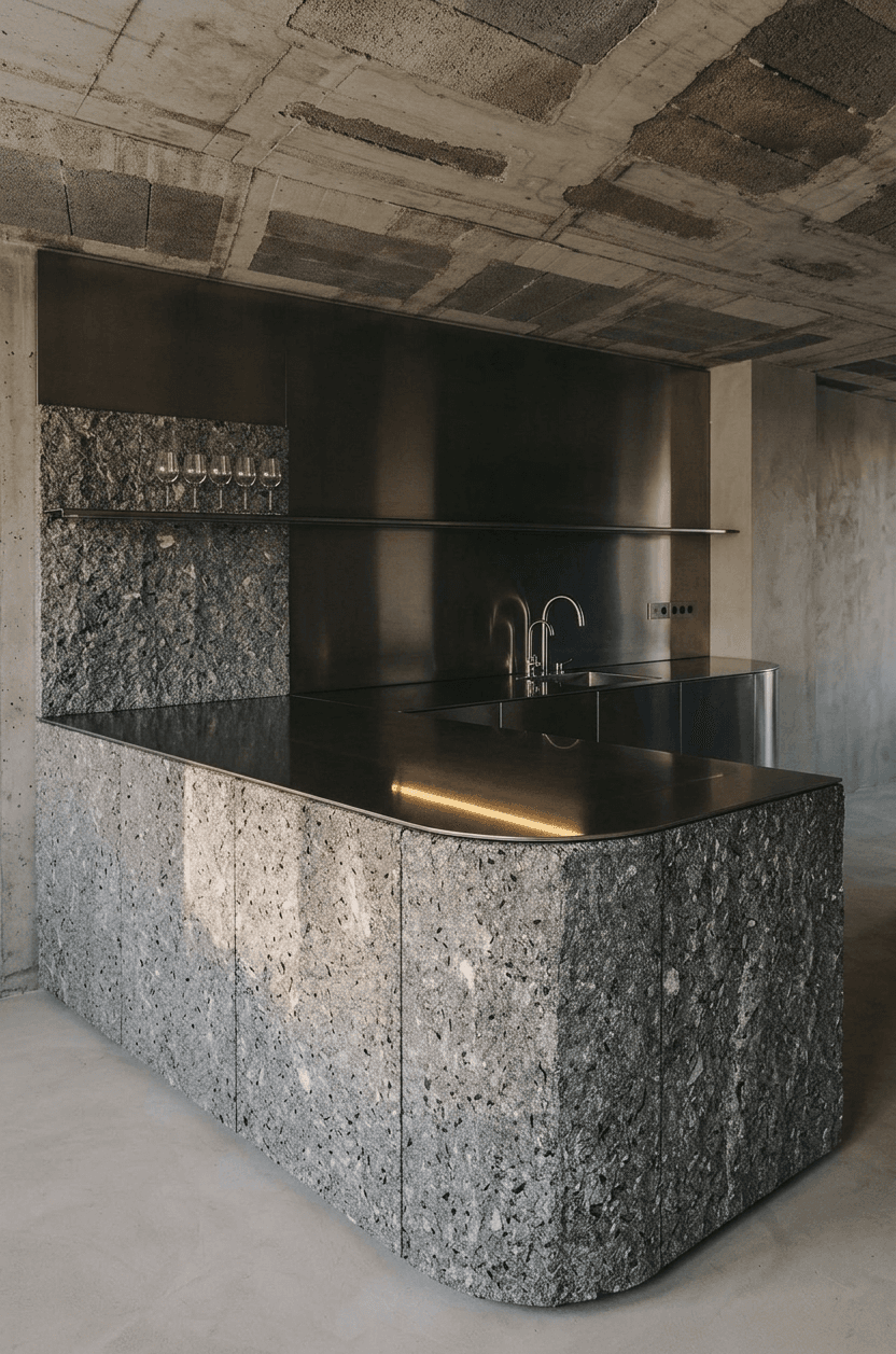 A modern kitchen with a concrete and metal island in grey and metallic tones.
