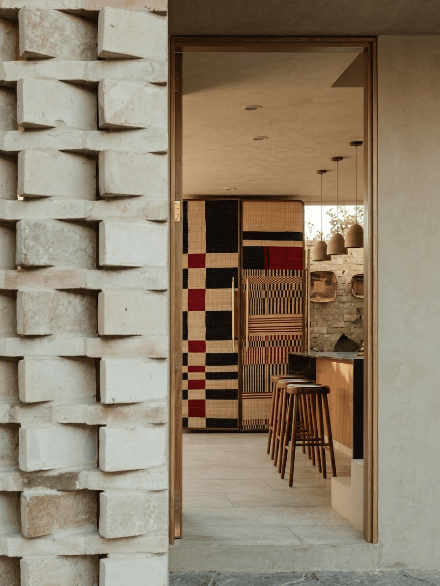 Modern interior with a brick entrance, colourful cabinet, and wooden stools.