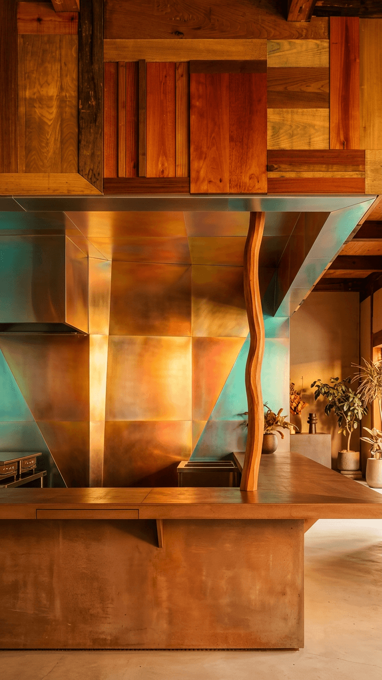 Interior design showcasing a sculptural kitchen bar and angular metallic surfaces.