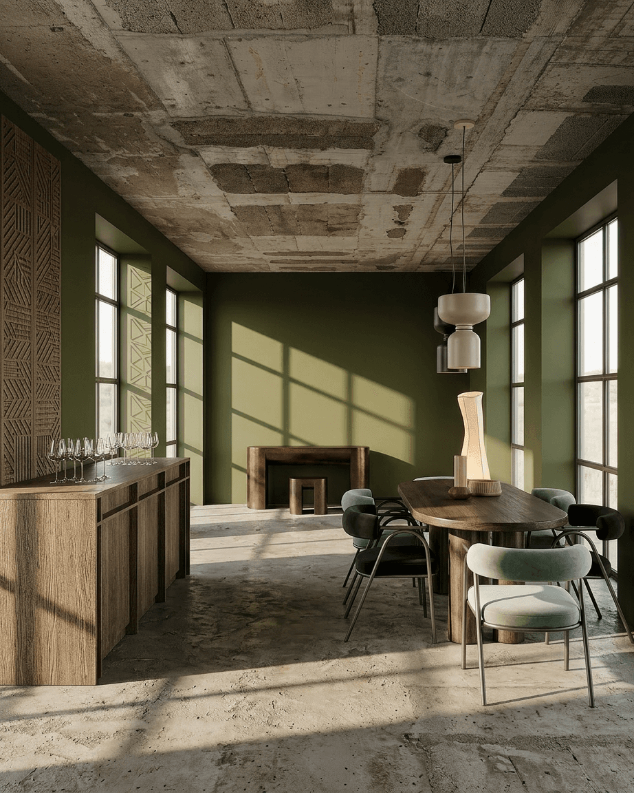 A minimalist dining area with a wooden table, stylish chairs, and a textured bar in warm tones.