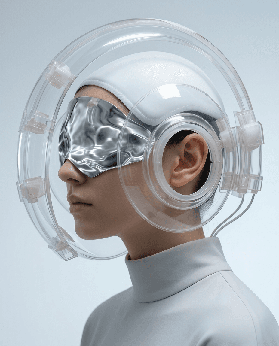 A woman in a transparent helmet and reflective visor, with a surreal and avant-garde mood.