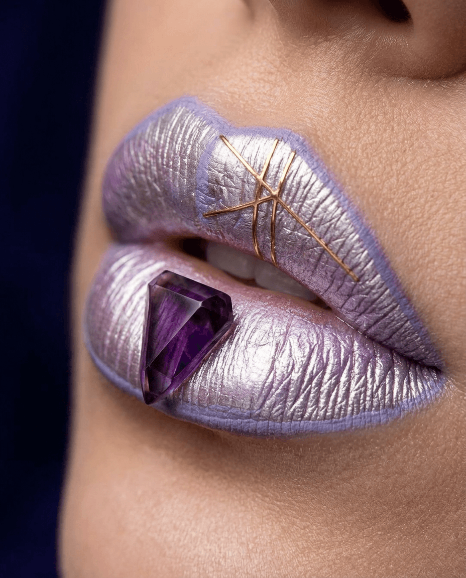 Close-up of metallic lavender and silver lips with a purple gem and gold accents.