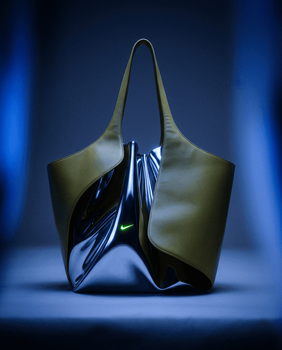 A futuristic handbag with a metallic structure and soft leather, lit by blue lighting.