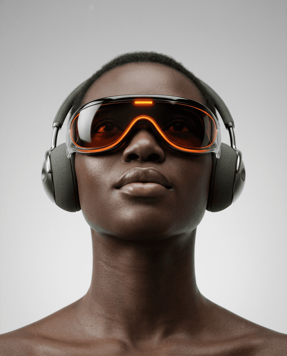 Close-up of a person wearing futuristic headphones and oversized orange goggles.