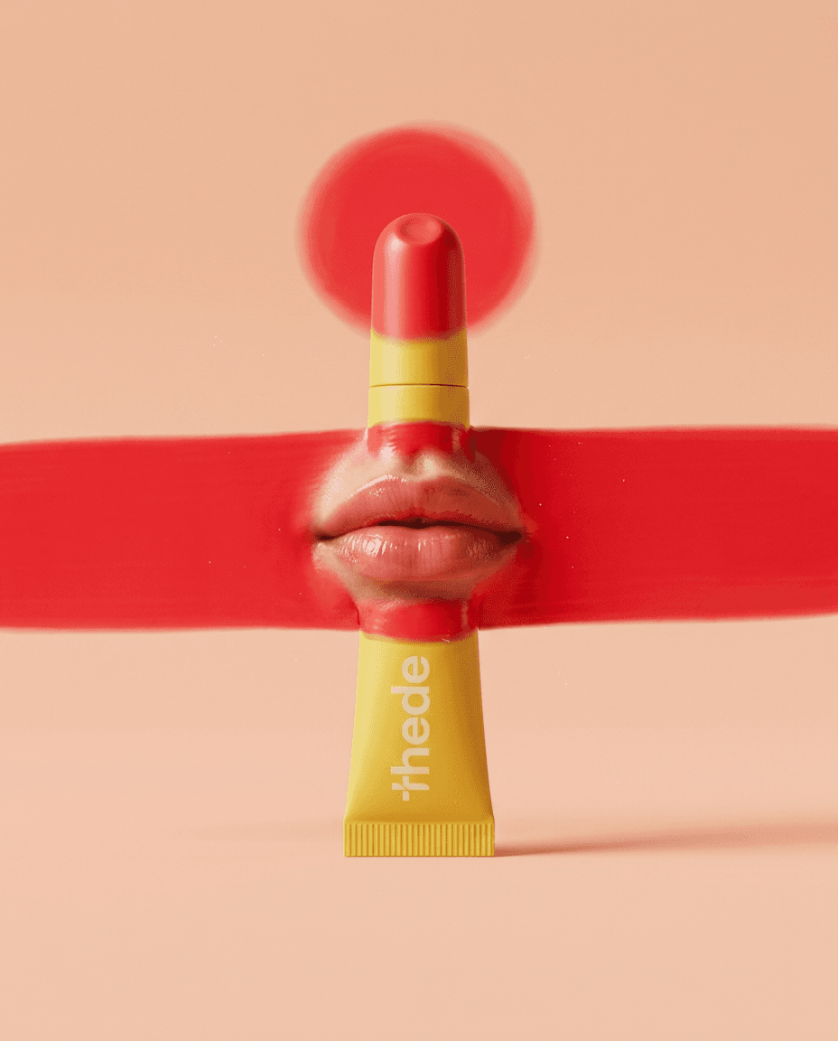 Illustration of a lipstick tube and stylised lips on a peach background.