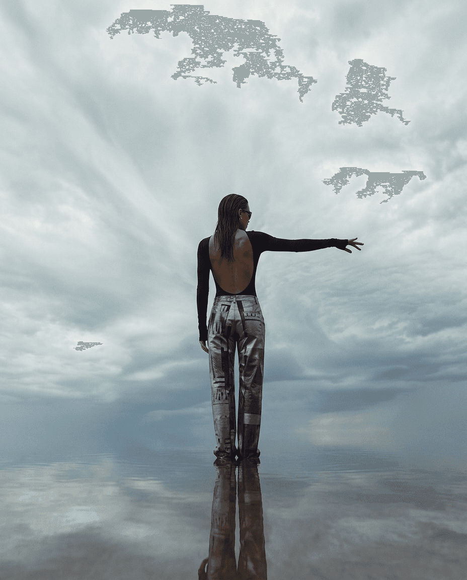 A figure wearing a black backless top and patterned pants stands under gray clouds.