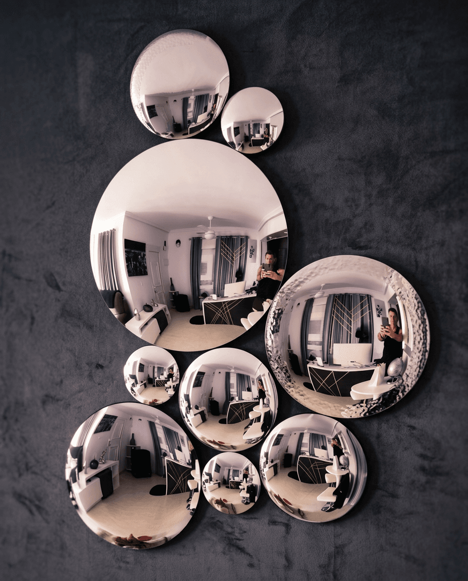 Round mirrors arranged on a dark textured wall in a minimalist interior.