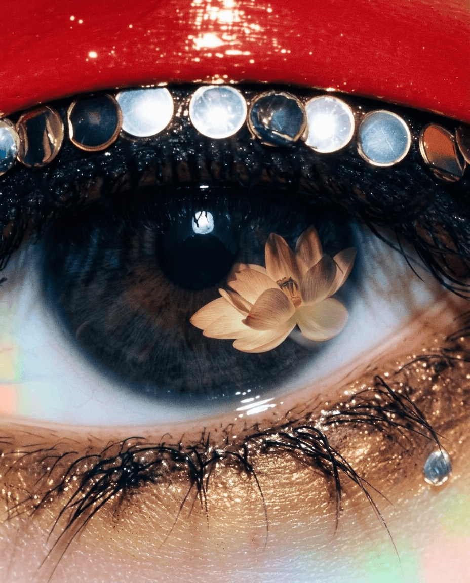 Extreme close-up of a human eye with red lipstick and sparkling gems.