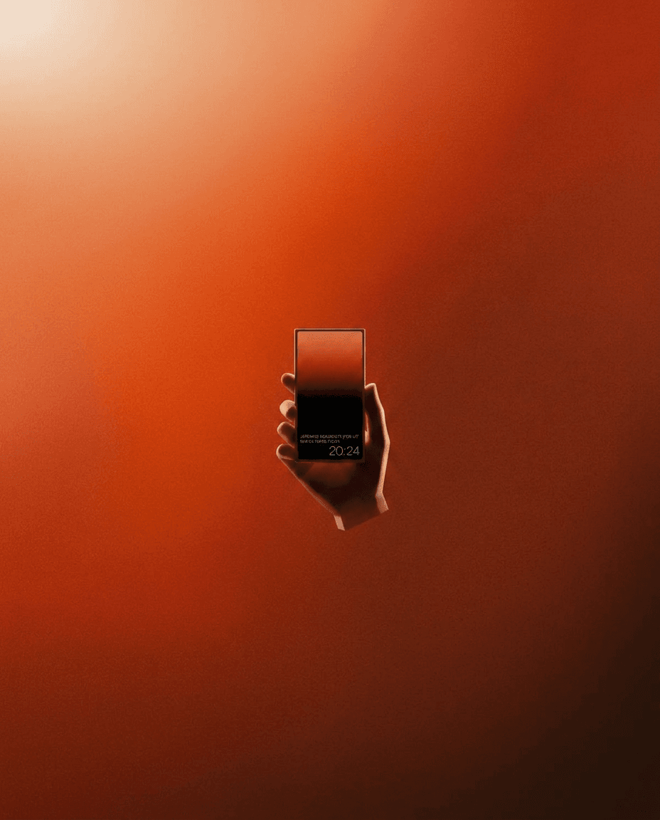 A hand holding a smartphone on a warm gradient background of reds and oranges.