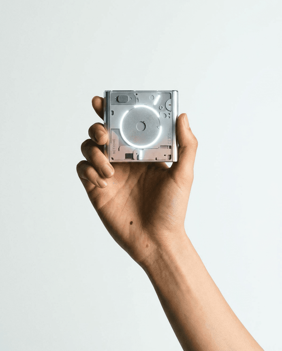 A hand holding a sleek, modern device with a glowing circular element.