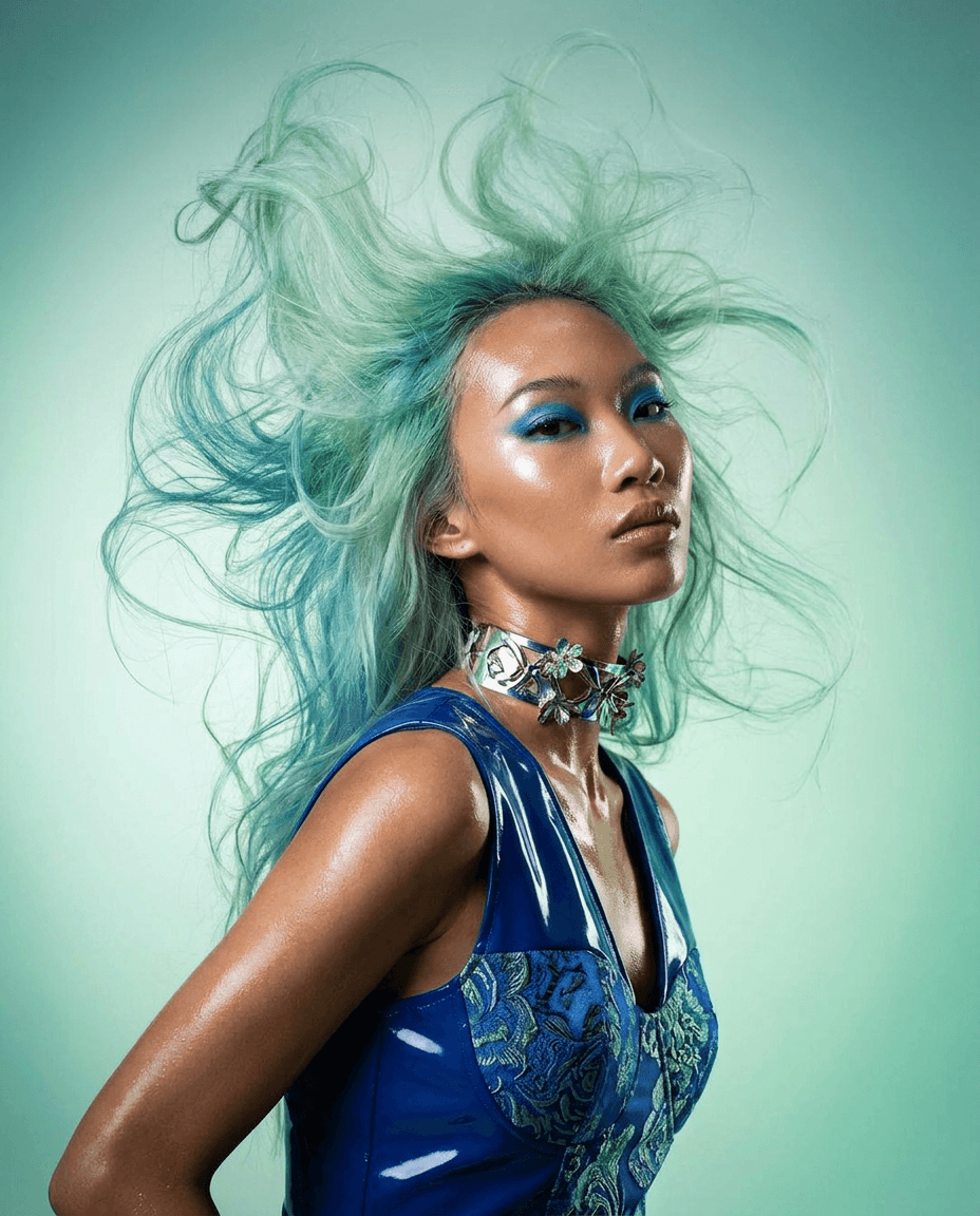 Model with aqua hair and blue makeup in front of a green background.