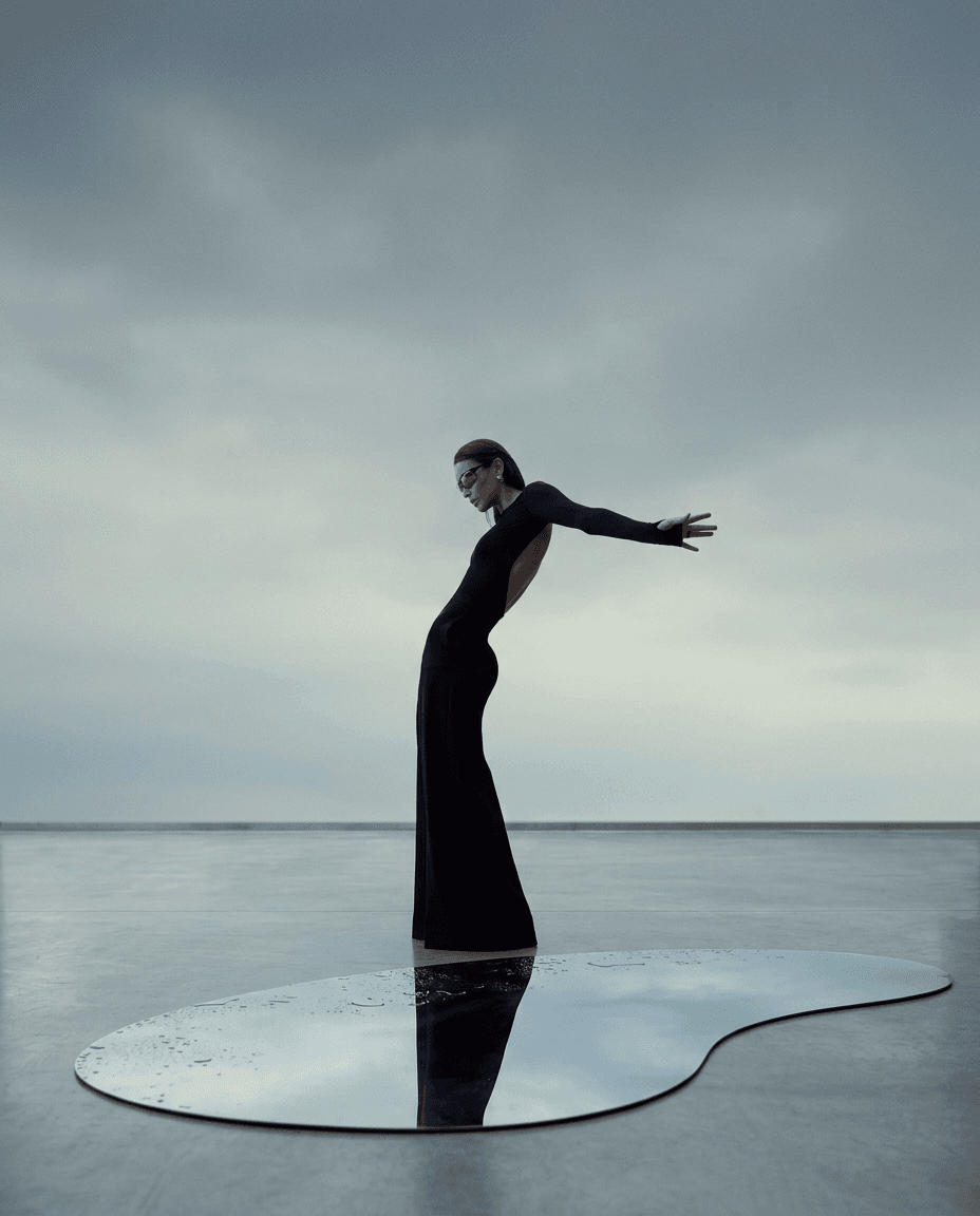 A figure in a black gown stands on a reflective surface beneath a cloudy sky.