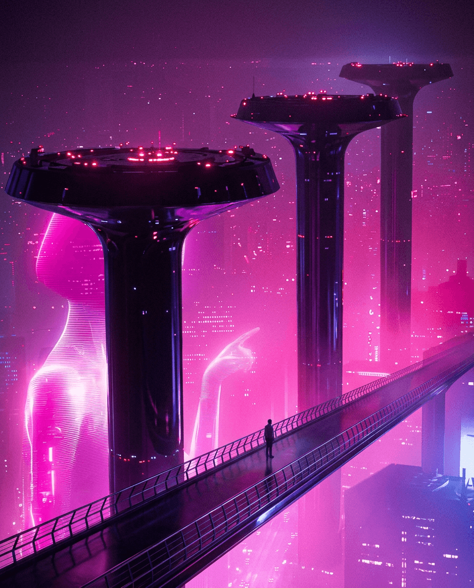 Digital illustration of a futuristic cityscape with high-tech buildings and a figure on a bridge.