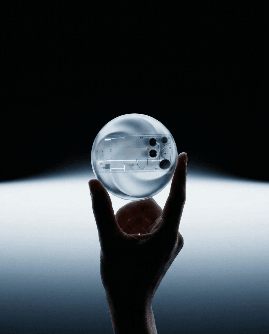 A hand holding a transparent orb with a complex mechanism inside, set against a dark background.