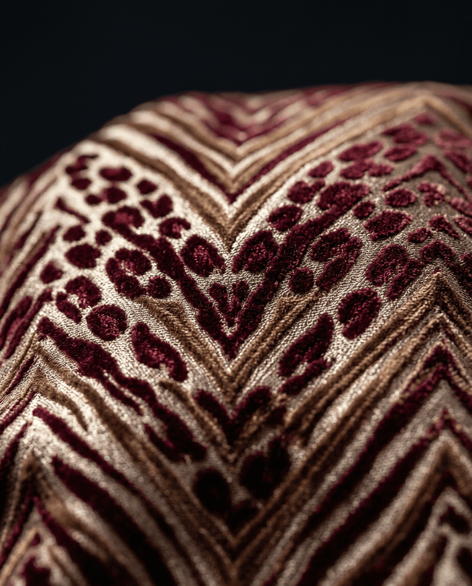 Close-up of a fabric with a chevron pattern in burgundy and gold.