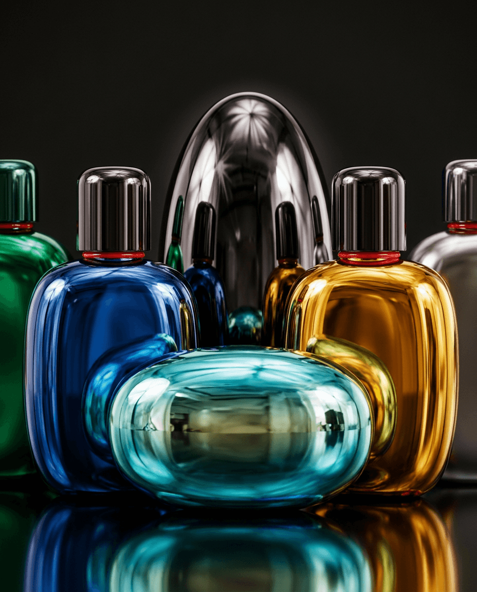 Arrangement of colourful glass bottles with a glossy finish on a dark background.