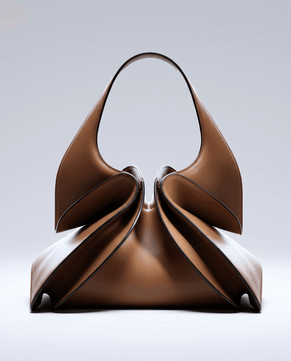 Brown handbag with unique folds on a gray background.