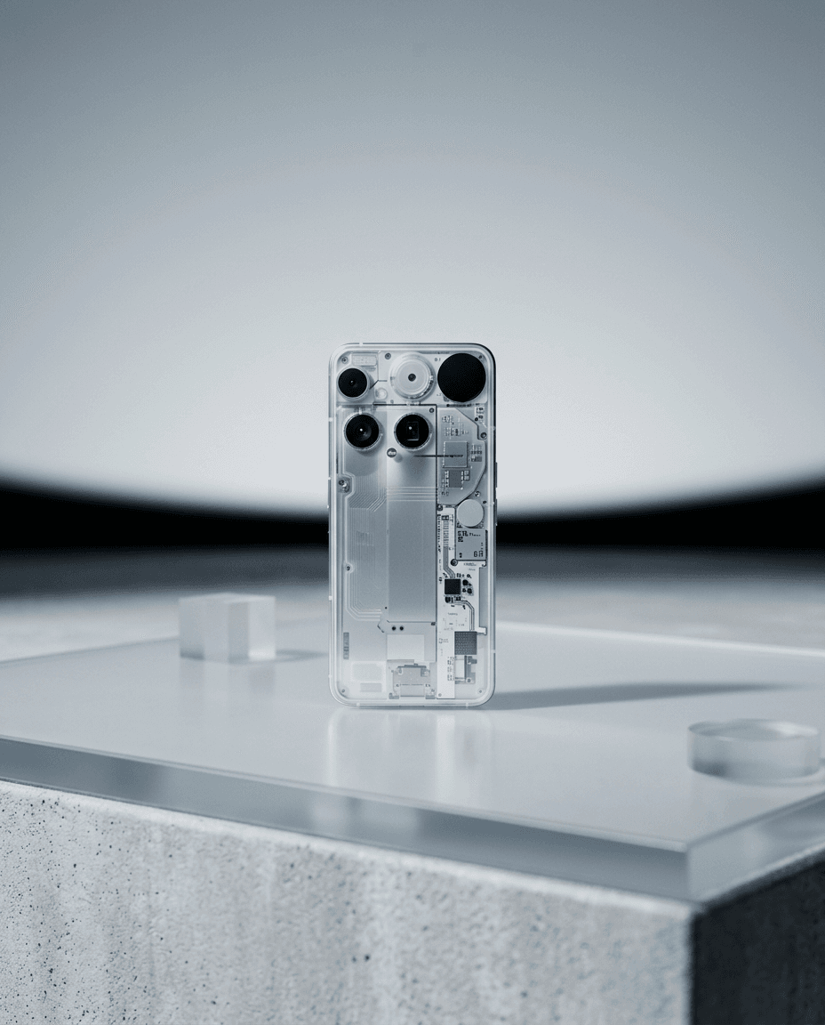 Transparent smartphone displaying internal components on a soft background.