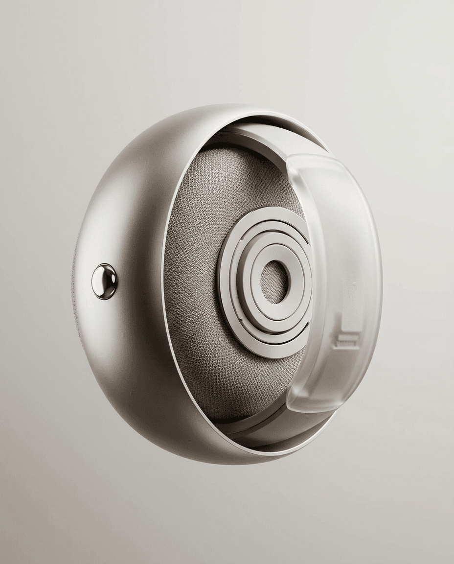 A modern speaker with a rounded design and translucent cover.
