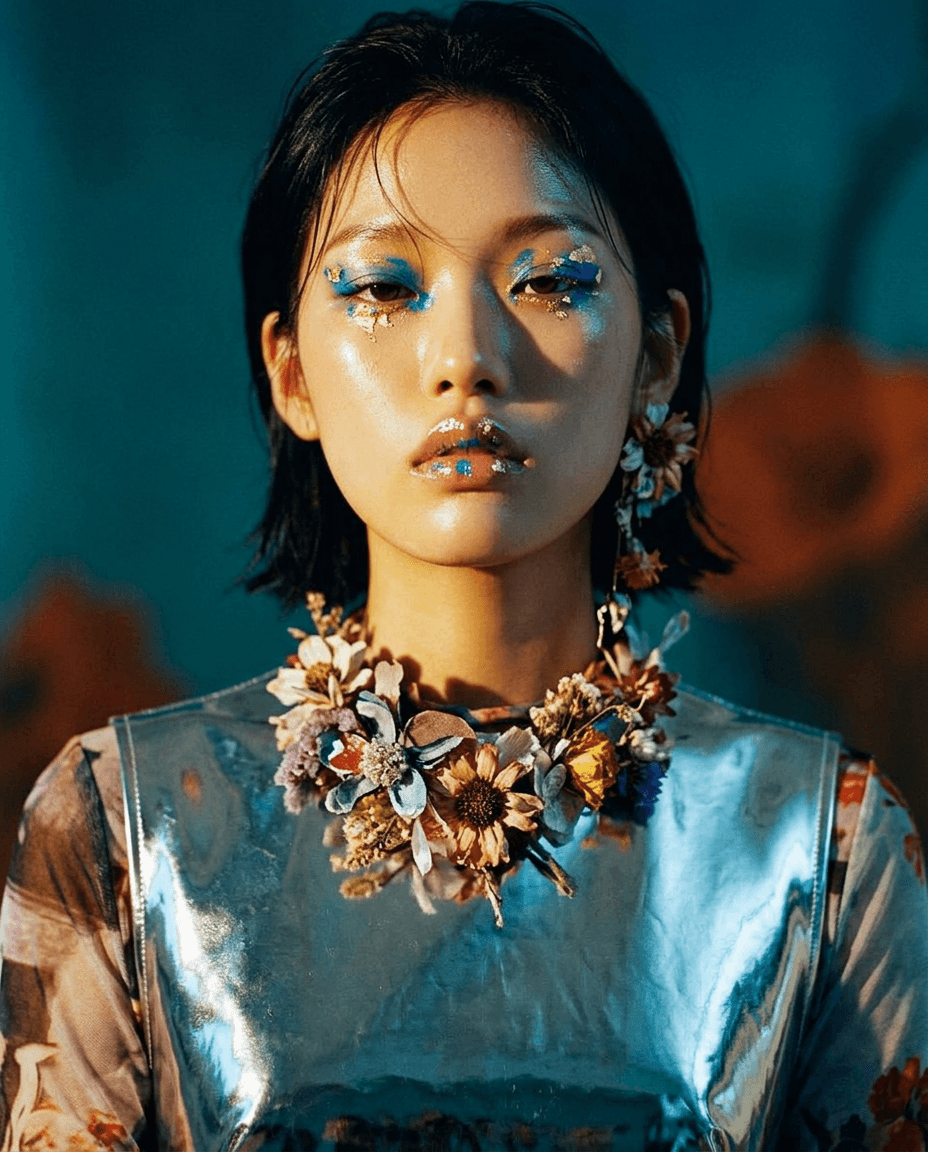 A model wearing a floral necklace and shimmering makeup in blue and silver tones.