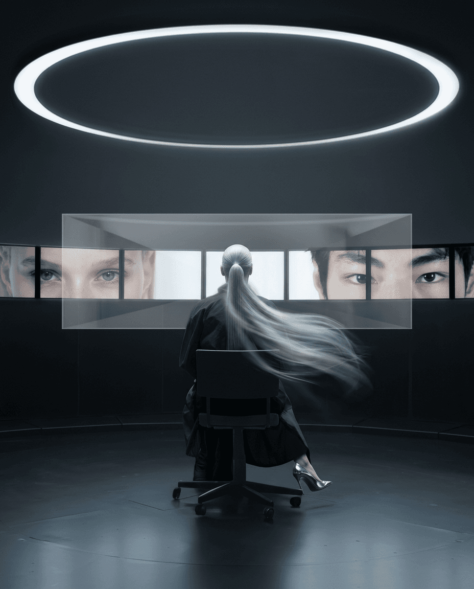 A figure with long silver hair sits in a chair, gazing at screens displaying human eyes.