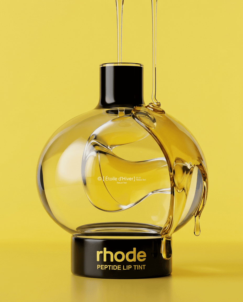 A modern lip tint bottle dripping glossy fluid on a yellow background.