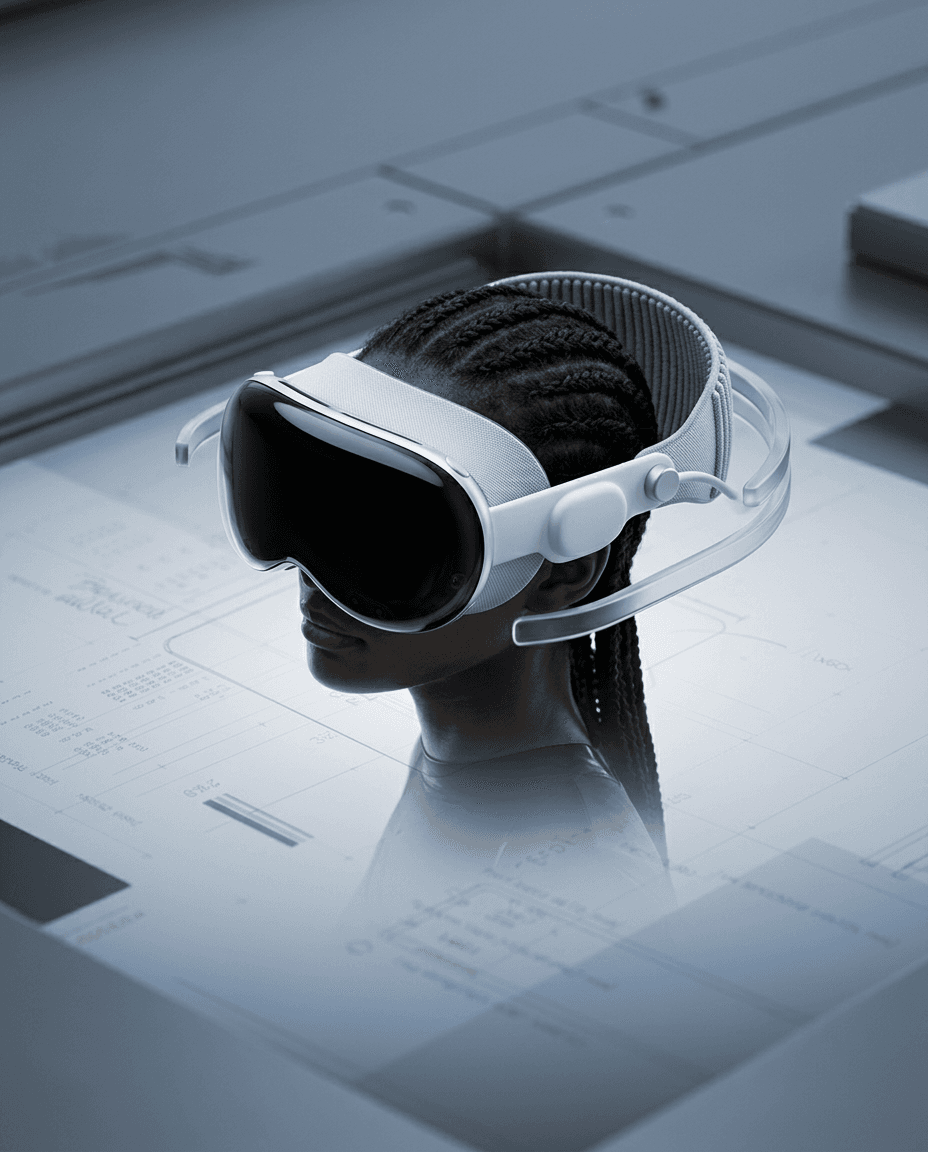 A person wearing sleek virtual reality goggles in a modern setting.