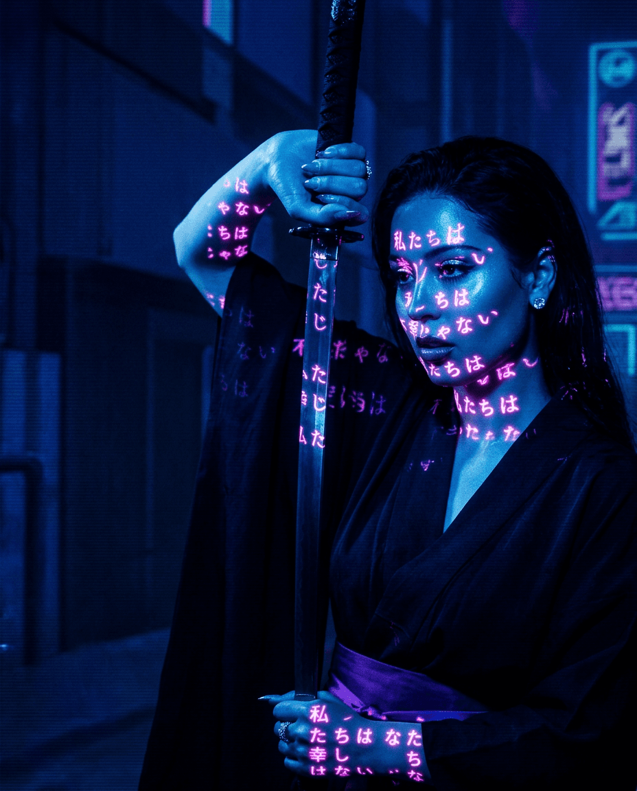 A figure in dark attire holding a sword with blue and purple Japanese text projected on their skin.