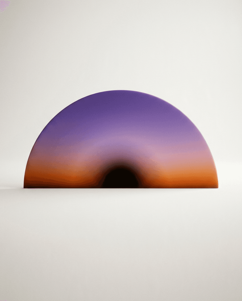 A gradient half-circle blending deep purples and warm oranges.