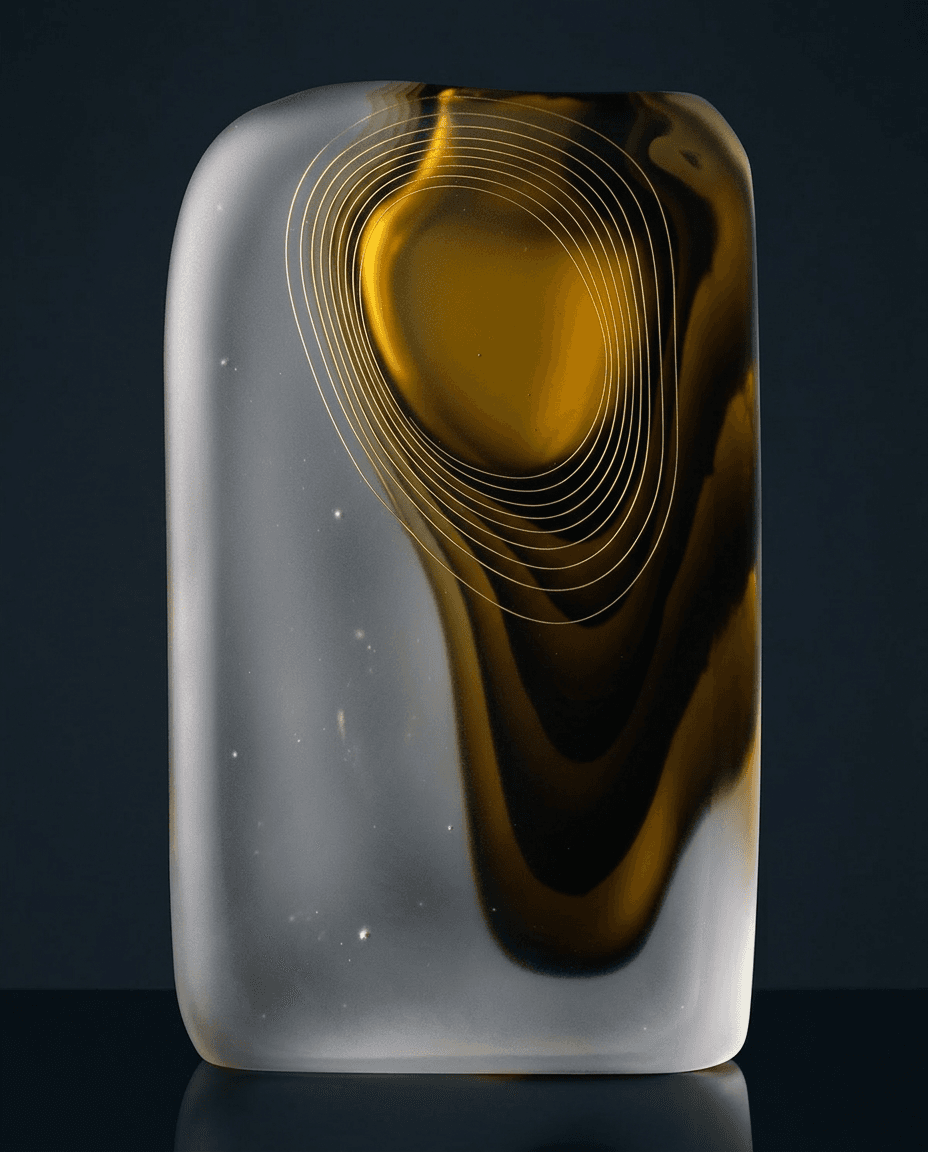 Abstract glass sculpture with amber and transparent swirling patterns on a dark background.