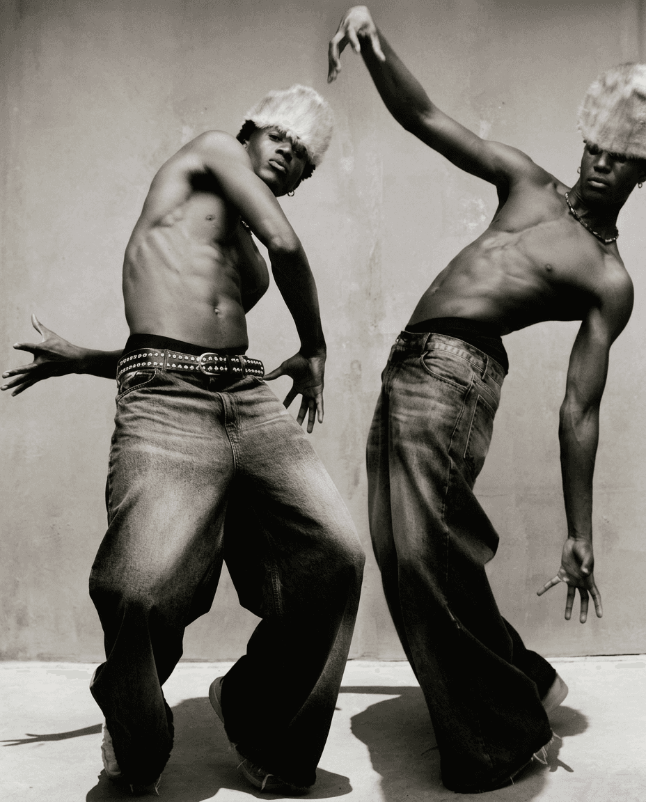 Two male models in dynamic poses wearing oversized denim trousers.