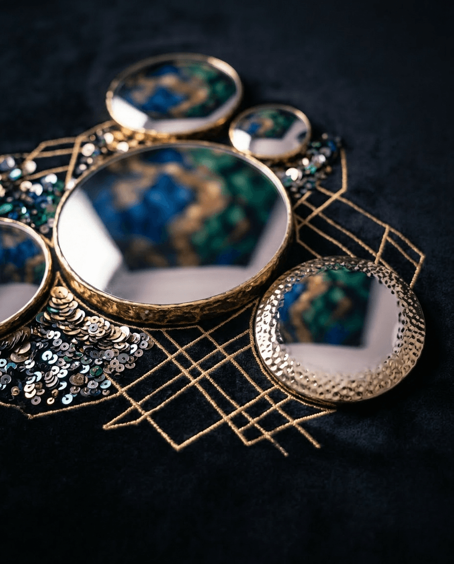 Decorative mirrors with gold and sequined details on a dark fabric background.