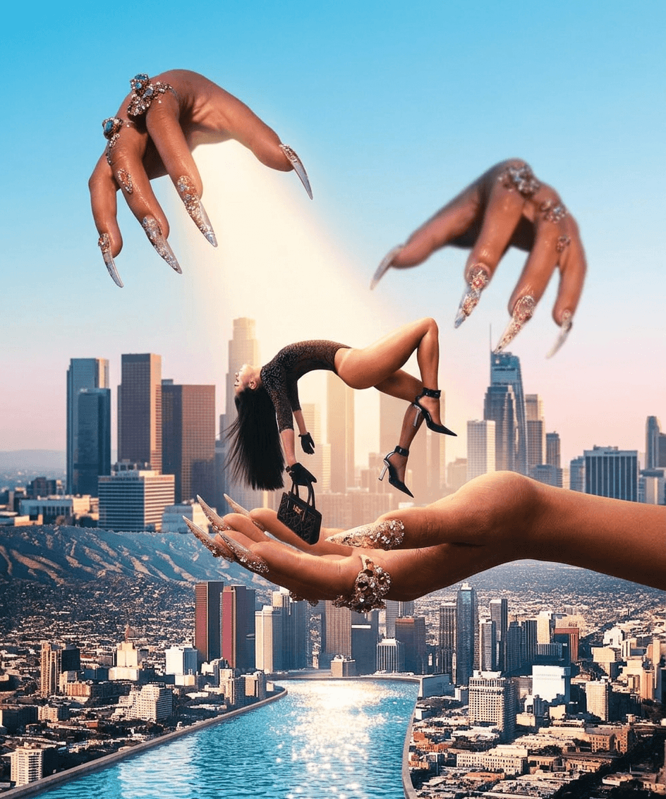 A digital collage of a cityscape with large hands holding a stylized figure.