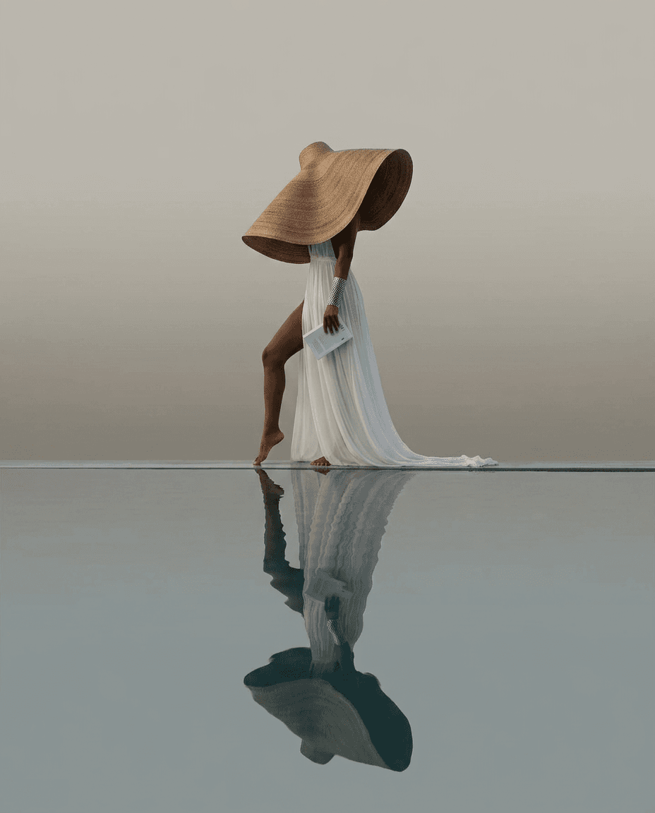 A figure in a white dress and straw hat stands by a calm reflective surface.