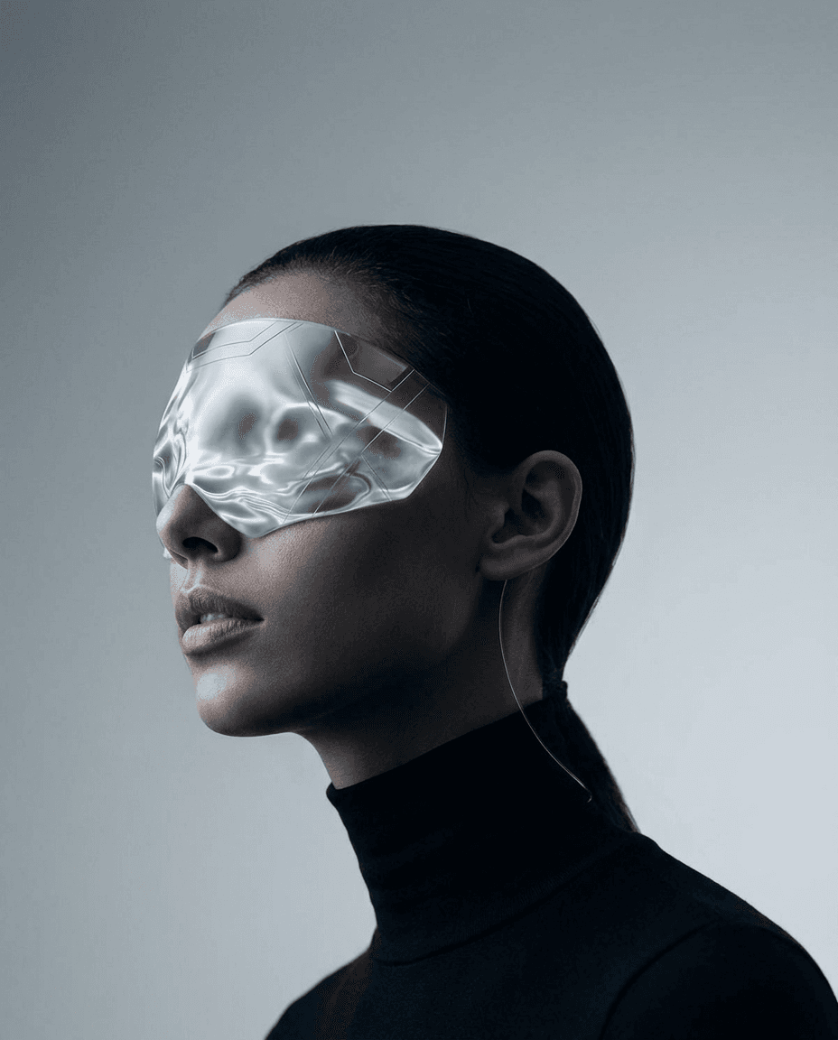A model wearing translucent eyewear that reflects abstract patterns, set against a grey background.