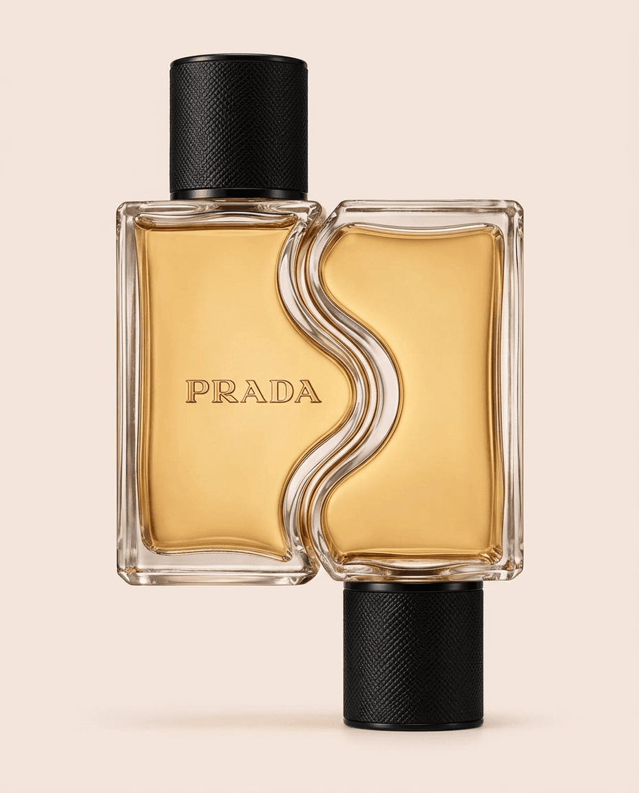 Minimalist bottle of Prada perfume with wave design on beige background.