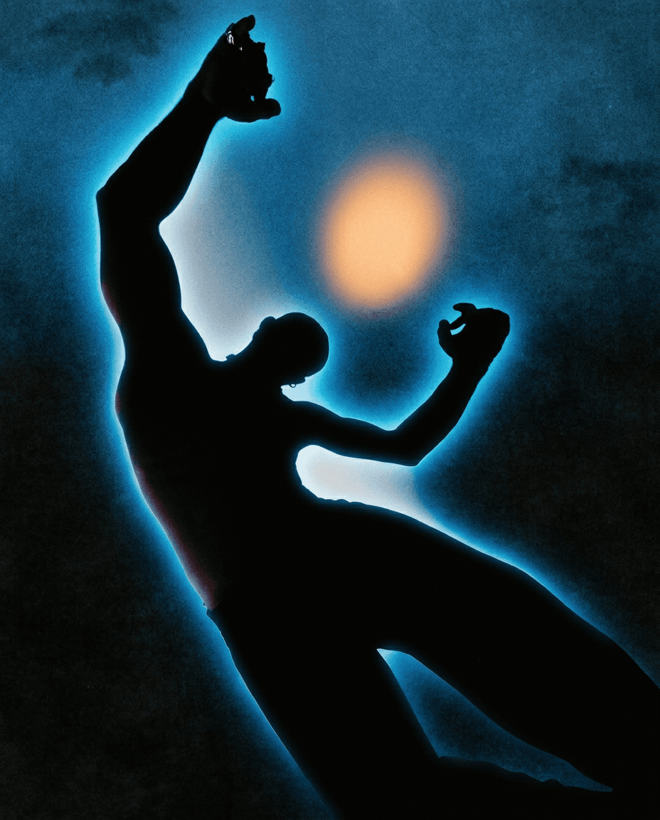 Silhouette of a figure reaching upward with a glowing halo against a dark background.