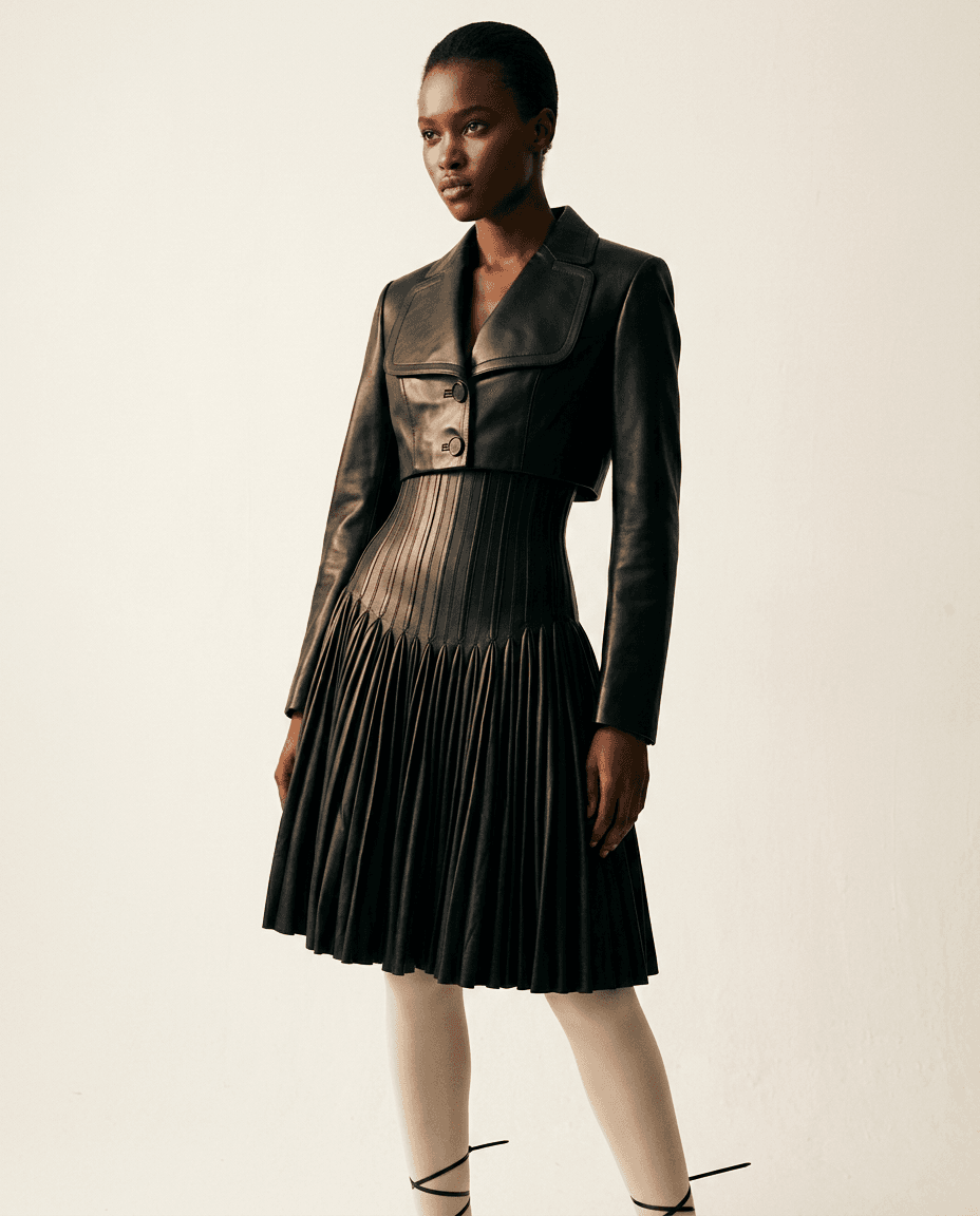 A model wearing a black leather dress and structured jacket on a neutral background.