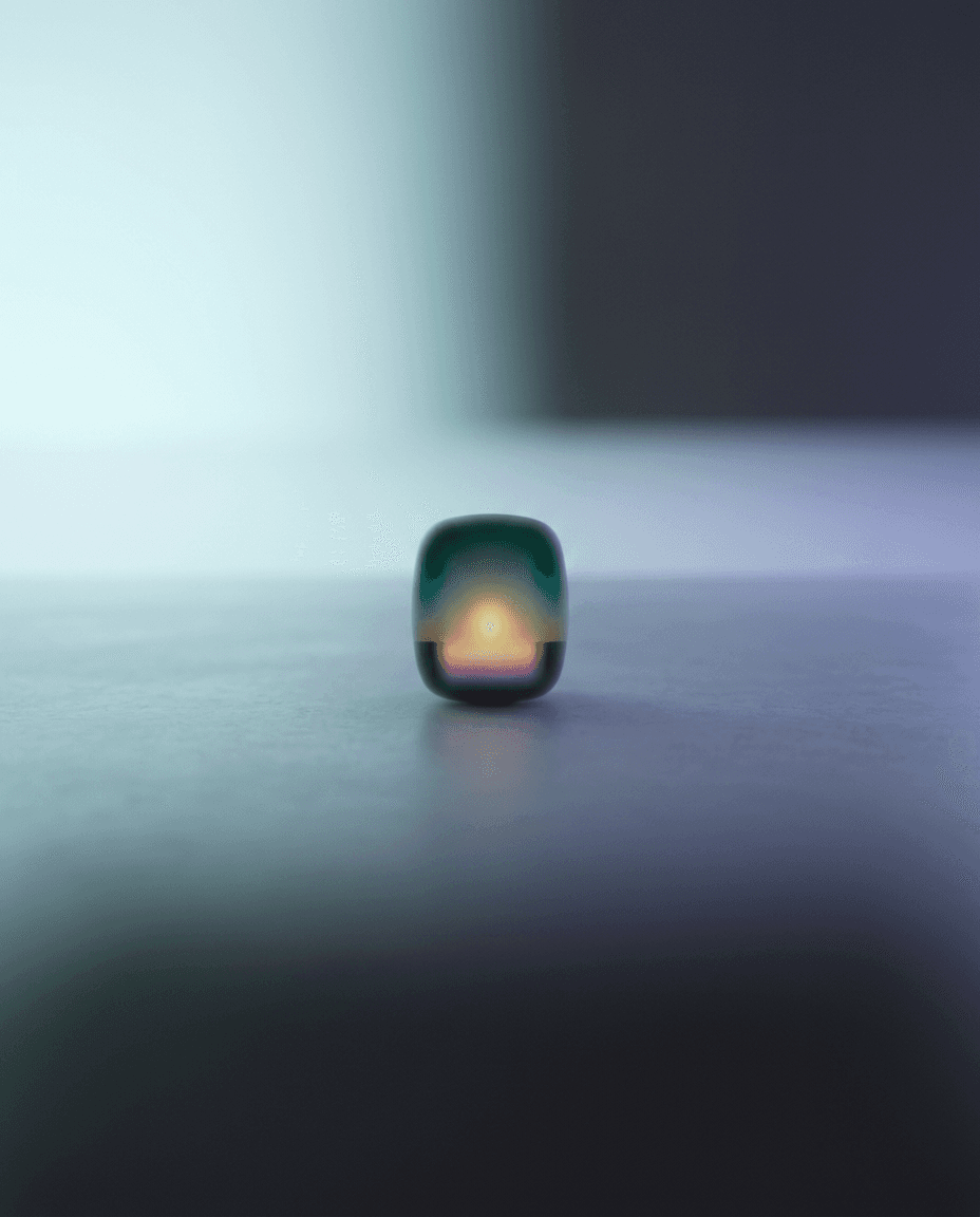 Close-up of a smooth, rounded object with a blurred green and gray background.