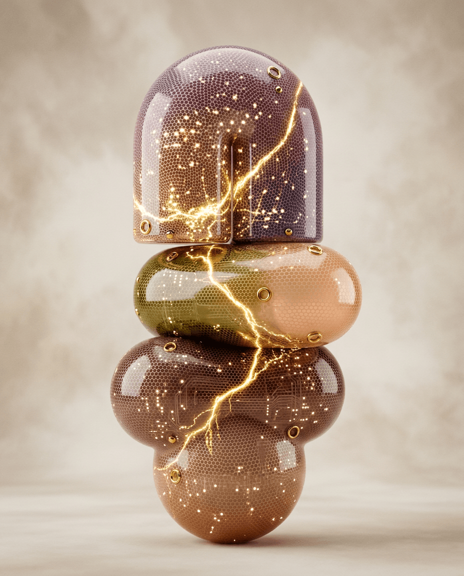 Digital sculpture featuring organic, rounded forms in purple, green, and beige.