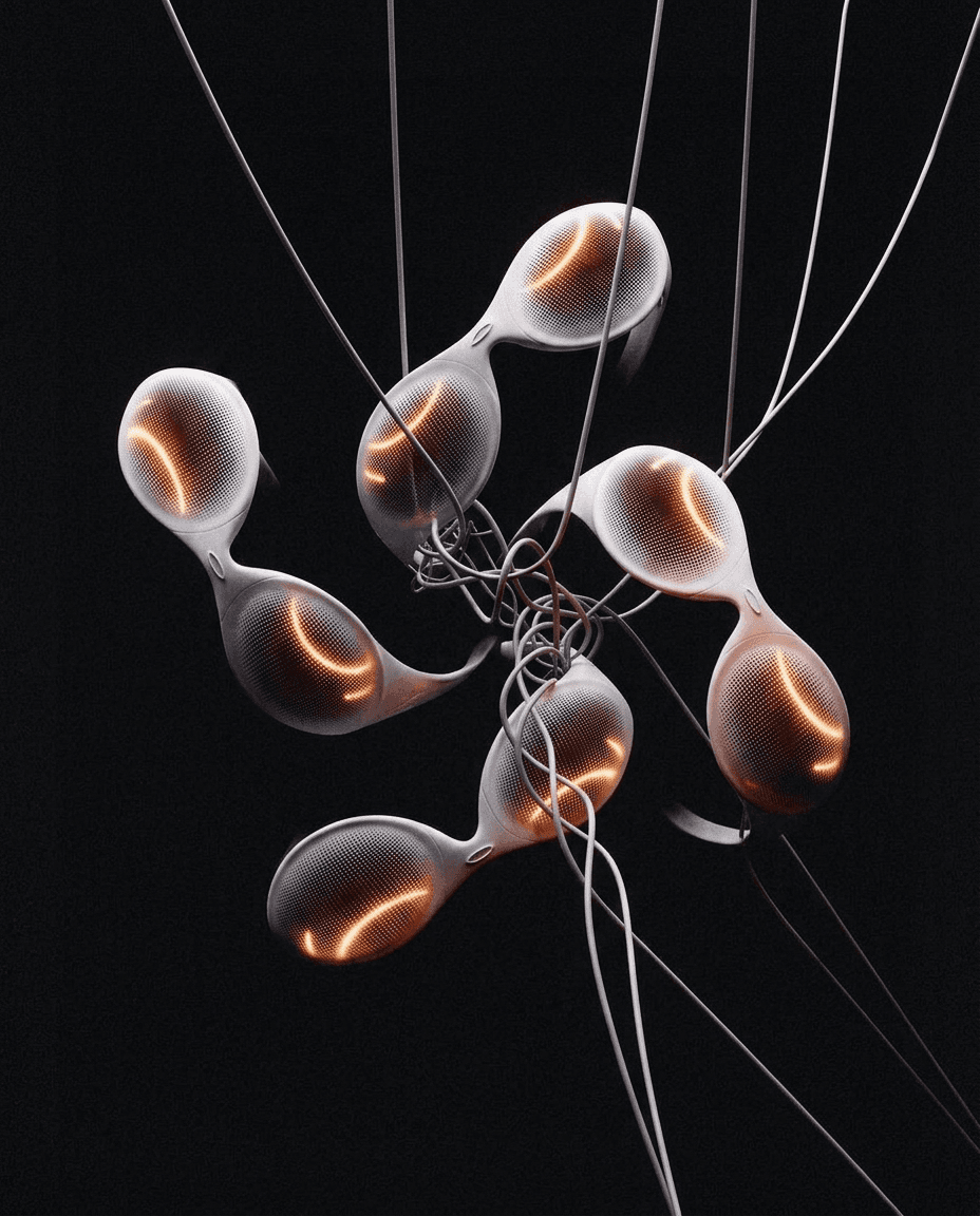 3D rendering of interconnected luminescent organic shapes on a dark background.