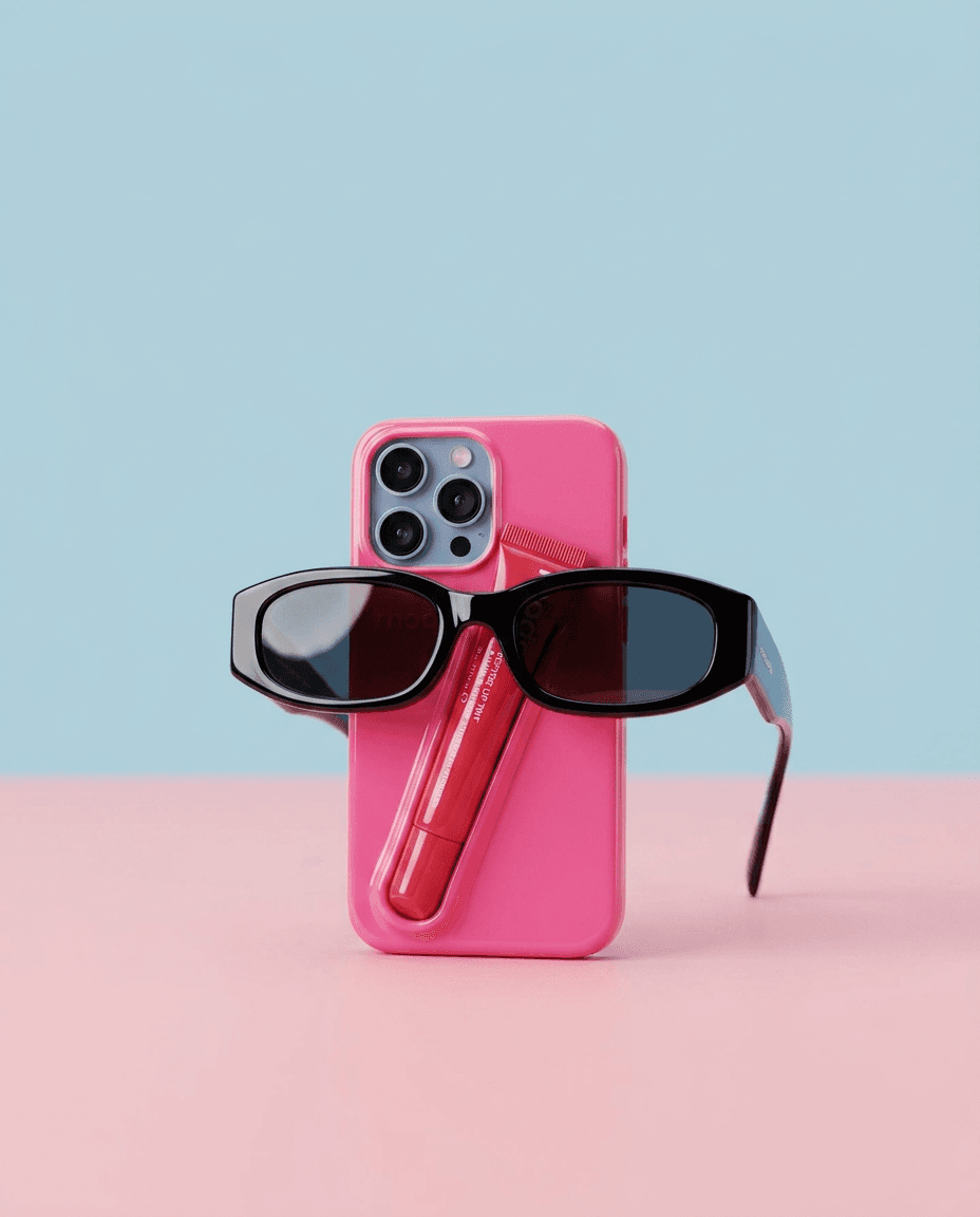 Pink smartphone case, black sunglasses, and red lipstick on a blue background.