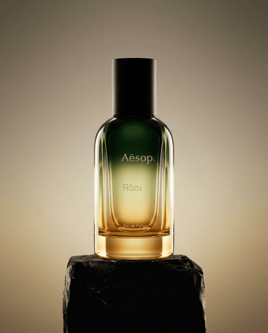 Still life of Aesop's Rózu Eau de Parfum bottle with a gradient design.