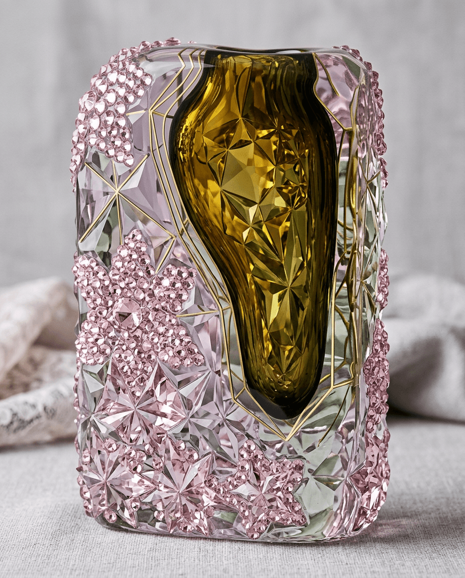 A glass vase with a yellow center and pink floral patterns, set against soft pastel colours.